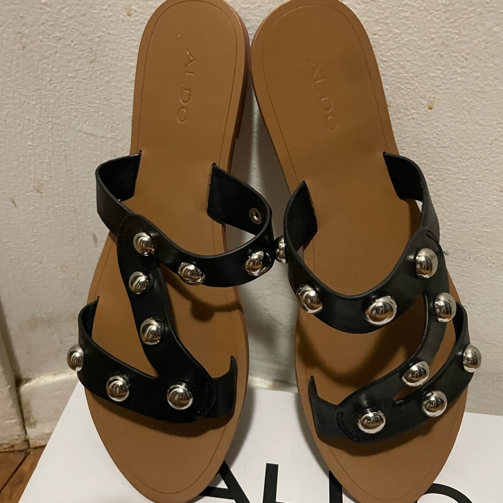 Aldo black silver studded flat sandals Size 6.5
